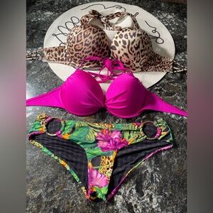 Lot of Victoria Secrets bikini panther bombshell, purple push-up &M hoop bottoms